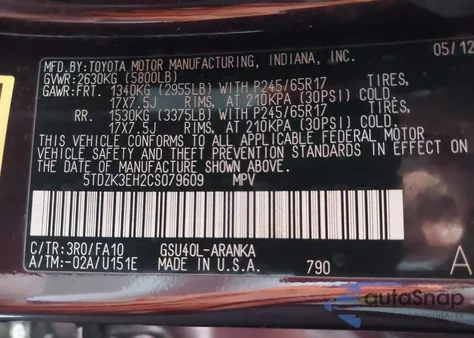 2012 Toyota Highlander Base V6 z USA, uszkodzony, nr VIN 5TDZK3EH2CS079609